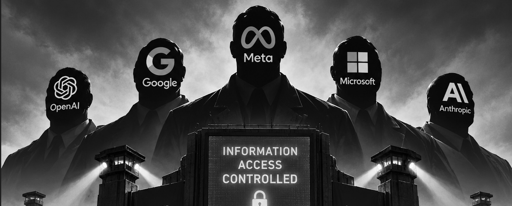 A dystopian scene depicting the major corporations in control of information
